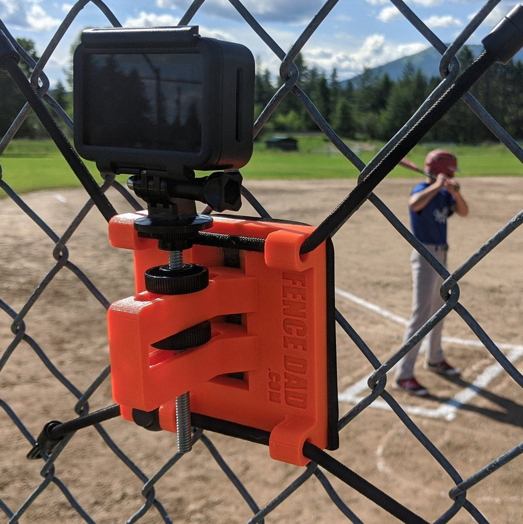 FenceDad action camera & phone chain link fence mount. (All cameras, GoPro's / Hero, Osmo Action, Mevo) [Baseball, Tennis, Softball] Works on nets & poles!
